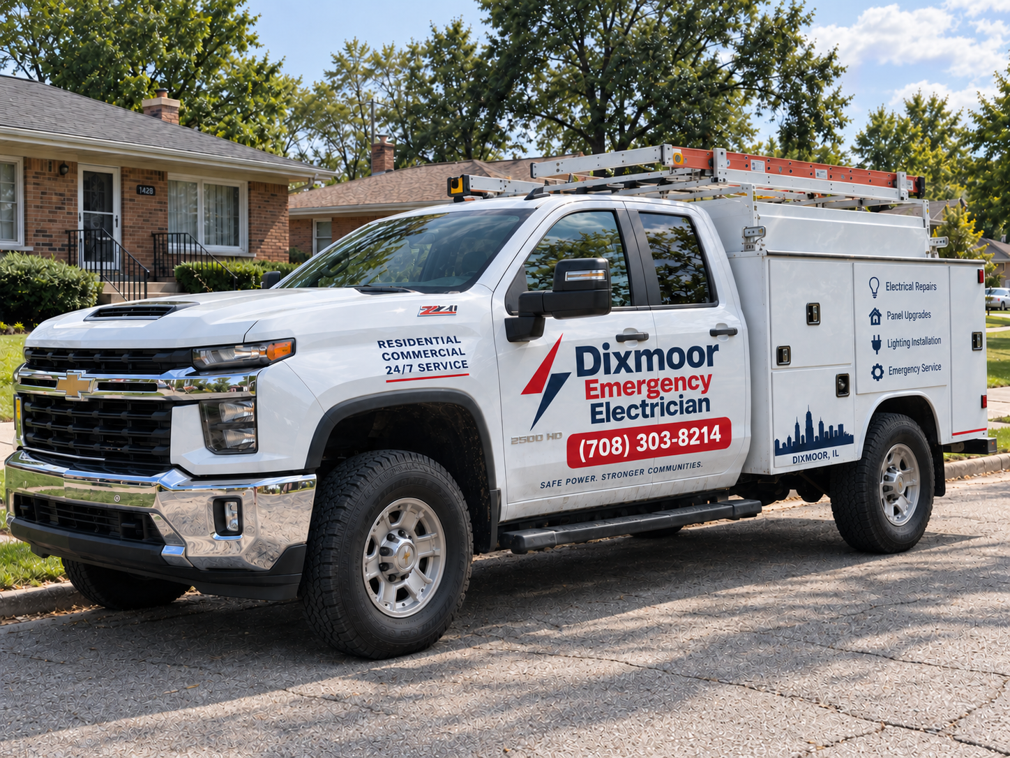 Dixmoor Emergency Electrician service truck on a residential street